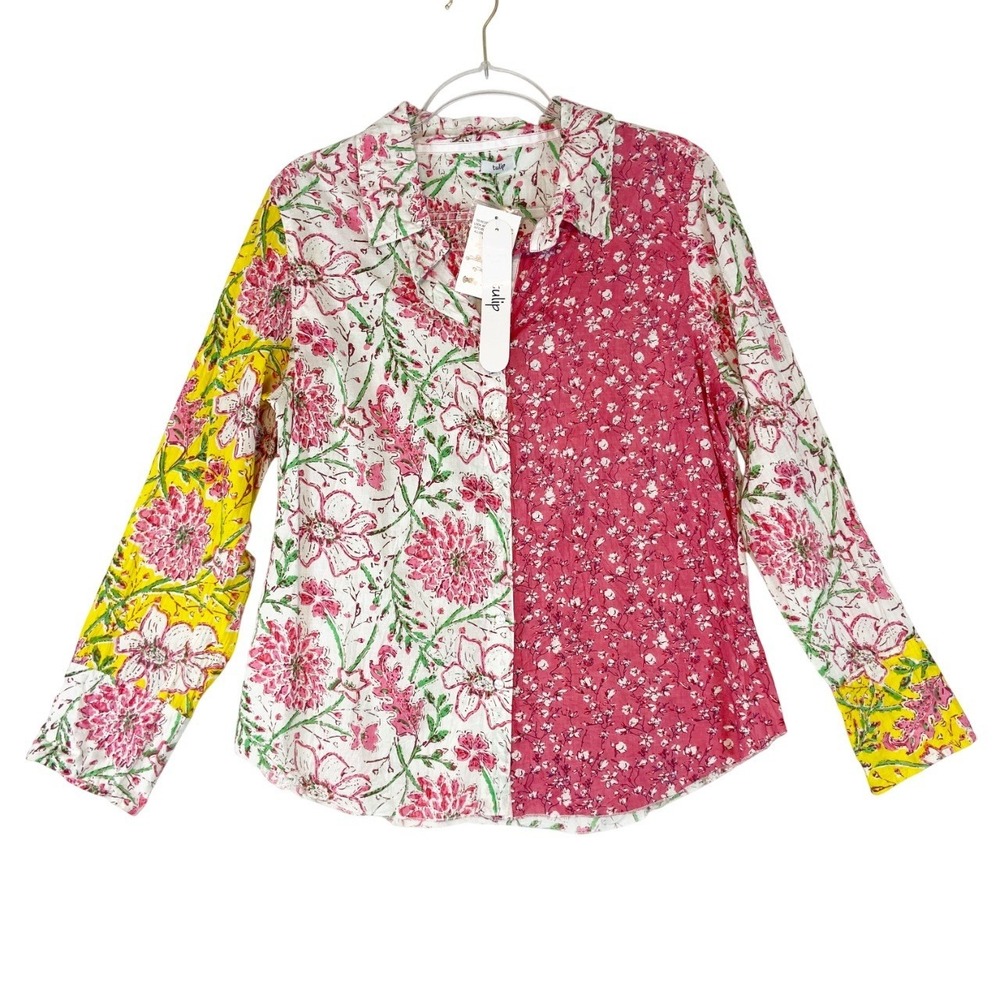 Tulip‎ Gretchen Top MEDIUM Boho Floral Patchwork Lagenlook Button-Down Blouse